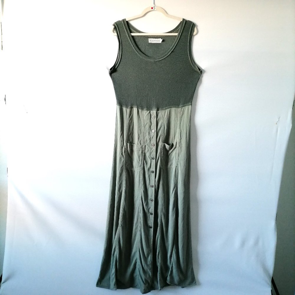 Action Wear Womens Smocked Green Button Front Split Cami Maxi Dress Size P